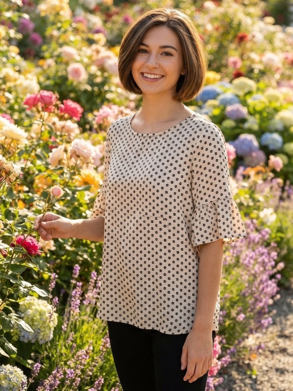 NWT J. Crew Cream Blouse with Black Polka Dots and Ruffle Sleeves